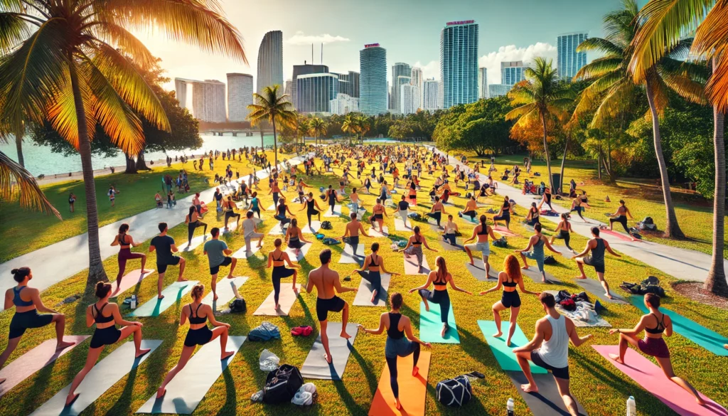 Outdoor fitness scene in Miami during the fall, with people engaged in various activities like running, cycling, and strength training in a park, surrounded by tropical greenery and the Miami skyline under clear blue skies