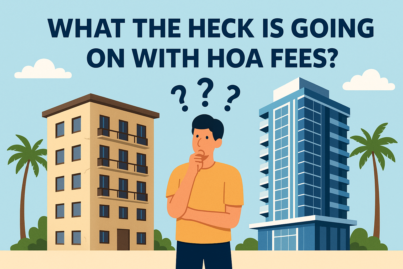 Illustration showing a person standing between an older, weathered condo building and a sleek, modern new construction tower, looking puzzled, with question marks above their head — representing confusion about HOA fees.
