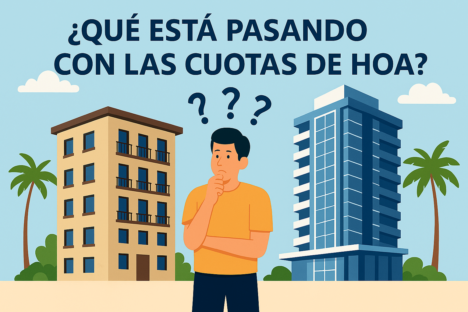 Ilustración de un hombre confundido entre dos edificios de condominios, con signos de interrogación sobre su cabeza y el texto “¿Qué está pasando con las cuotas de HOA?”