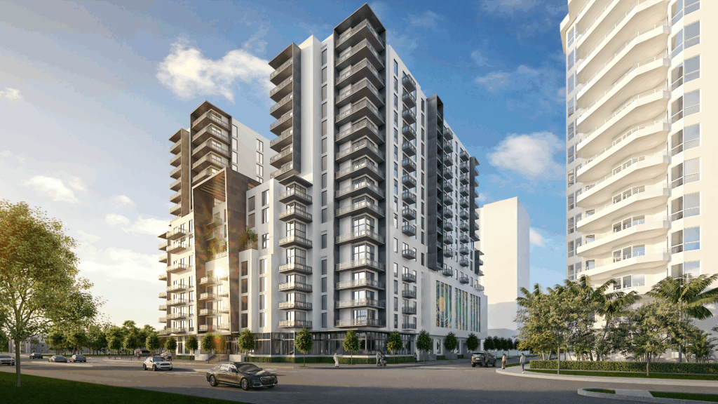 Rendering of River District 14 condominium building in Miami’s Health District, showcasing modern architecture and surrounding urban environment.