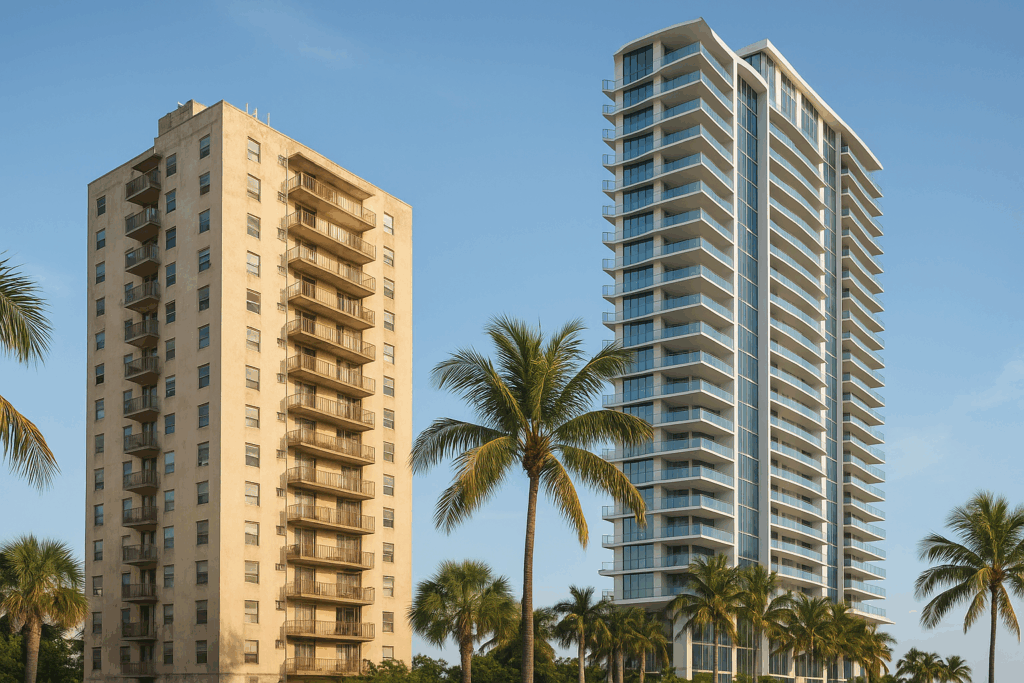 Two contrasting Miami condo buildings side by side, showing an older weathered high-rise next to a modern new-construction tower, highlighting the difference in assessment risk between aging and newly built condos.