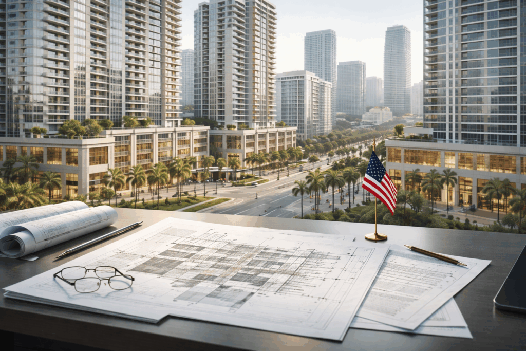 Modern U.S. real estate development representing an EB-5 approved investment project with architectural plans in the foreground.